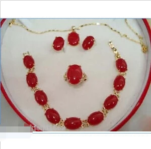 

FREE SHIPPING>>@> Free shipping 18K Gold Plated Red Jade Bracelet earring Pendant Necklace Set +free chain Natural jewelry