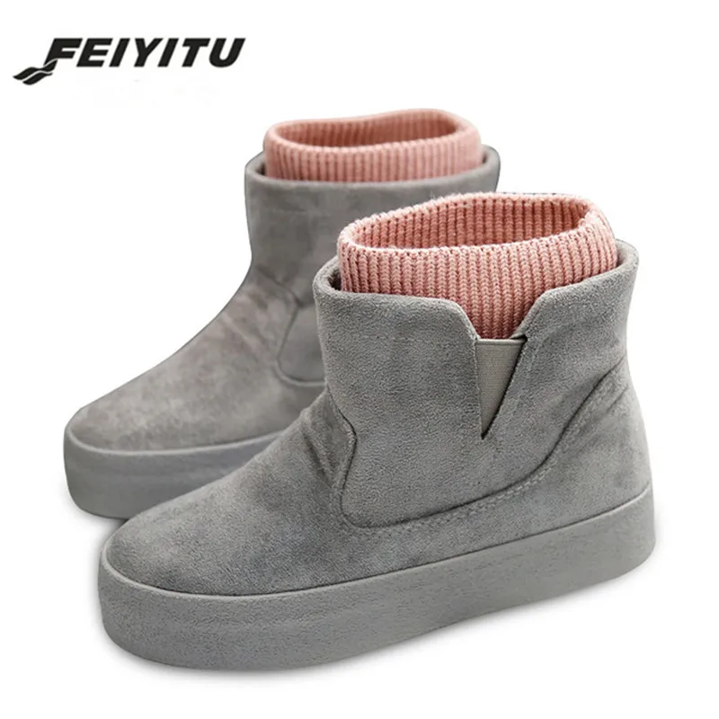 Feiyitu/зимние ботинки; Botas Mujer; Новинка года; женские ботинки; модная обувь из флока на высоком каблуке и платформе; ботильоны на высоком каблуке; сезон весна-осень