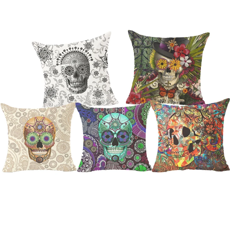 

Paisley Skull Series Cushion Flower Throw Pillow Bohemia Flower Blend Skull Cushion Cotton Linen Sofa Decorative Pillows HH013