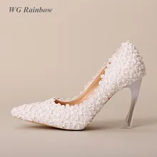 Women High Heels Wedding Shoes 2016 New Arrival Strange Heel Women Pumps White Lace Pearls Bridal Party Dress Shoes