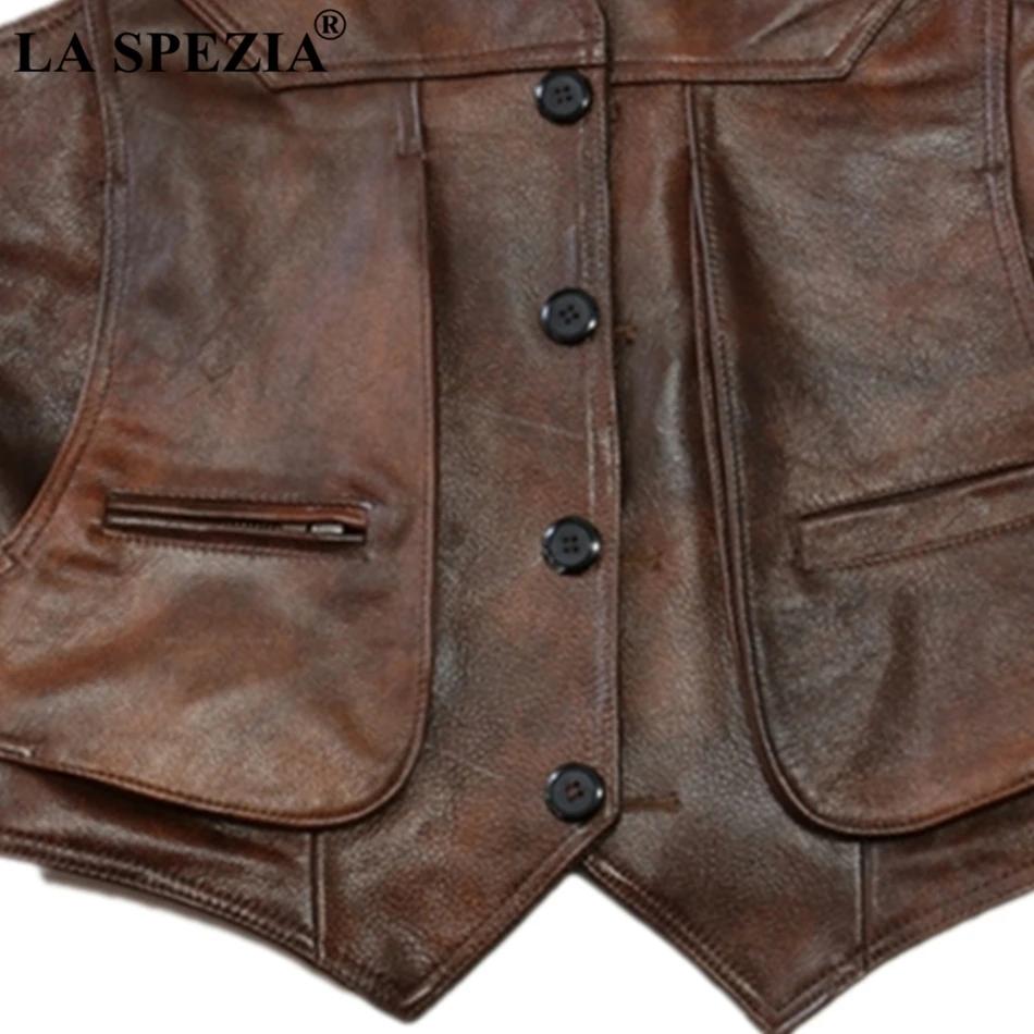 LA SPEZIA Brown Real Leather Vests Men Cow Leather Waistcoats Luxury Brand Thick Male Genuine Leather Jacket Sleeveless Gilet