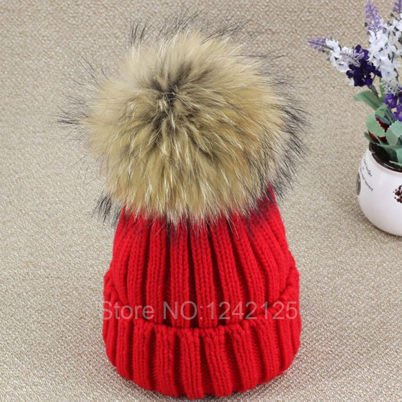 

New parent-child girl female cute spring autumn winter Knitted Hat Lady 13CM raccoon big fur ball hat Diamond Flower wool Hat