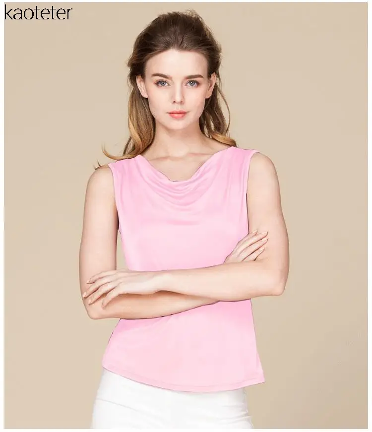 Натурального шелка Для женщин безрукавки для Femme без рукавов Карамельный цвет Для женщин футболки, однотонные, дикий модель женские топ, футболка для женщин - Цвет: Розовый