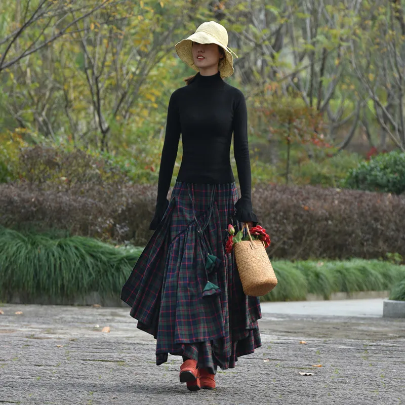 Free Shipping 2020 Green Plaid Long Maxi A-line Elastic Waist Women Autumn And Winter Cotton Plus Size S-2XL Thick Warm Skirts беговел welt zebra 12 acid green us one size 2020