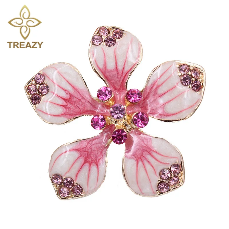 TREAZY Pretty Pink Flower Pin Brooch Diamante Rhinestone Crystal Enamel