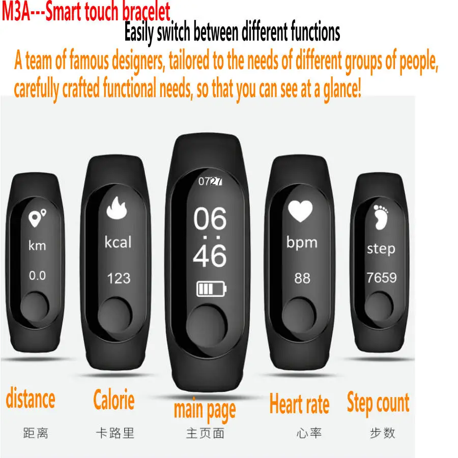 M3c smart bracelet Information push heart rate step motion 68 waterproof50M bracelet M3c smart bracelet Information push heart rate step motion 68 waterproof50M bracelet