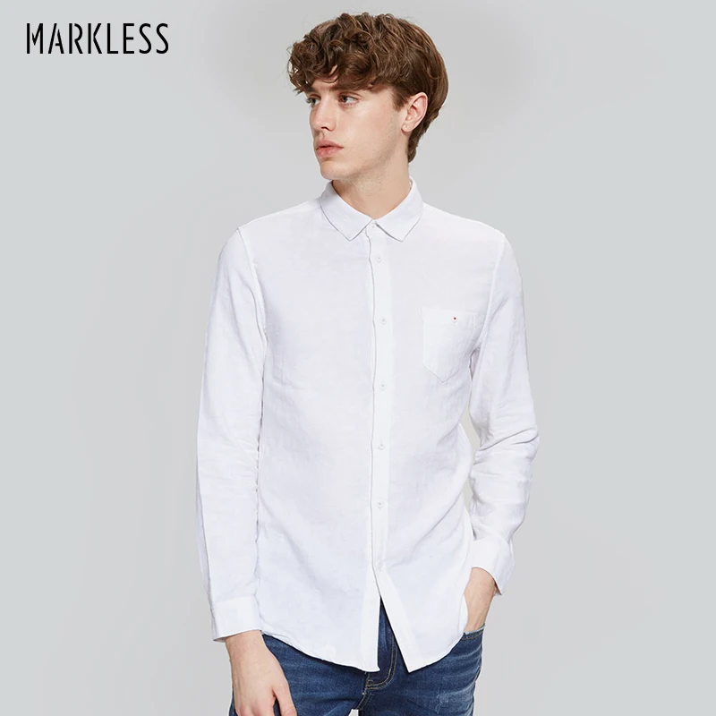 

Markless 2018 New Arrival Cotton Linen Casual Shirts Men White Shirt Long Sleeve Male Slim Fit Shirts Style Simple Fashion