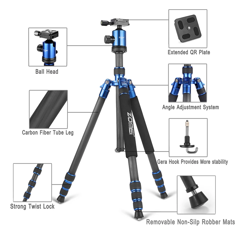 Штатив ZOMEI 5 цветов Z818C Профессиональный дорожный штатив из углеродного волокна для камеры монопод и шаровая Головка с чехлом для DSLR камеры Canon