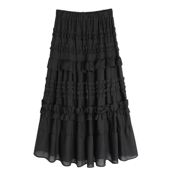 

Summer Long Chiffon Skirts Korean Sweet Ruffles Patchwork A-line Tiered Long Skirts Black White Chiffon Skirts