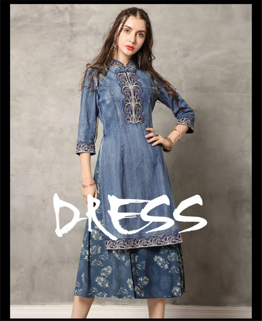 Vintage Cheongsam Summer Dress 2019 Denim Women Dresses Mandarin Collar 34 Sleeve Flower Embroidery Dress A82136 Vestidos (5)