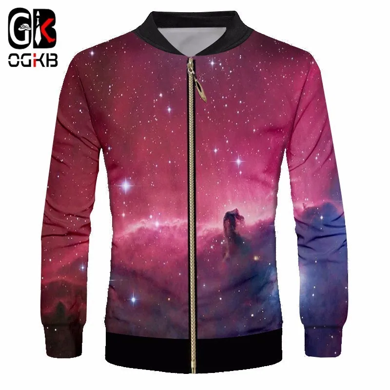 OGKB Men's Jackets New Fashion Print Red Galaxy Space 3d Casual Jacket