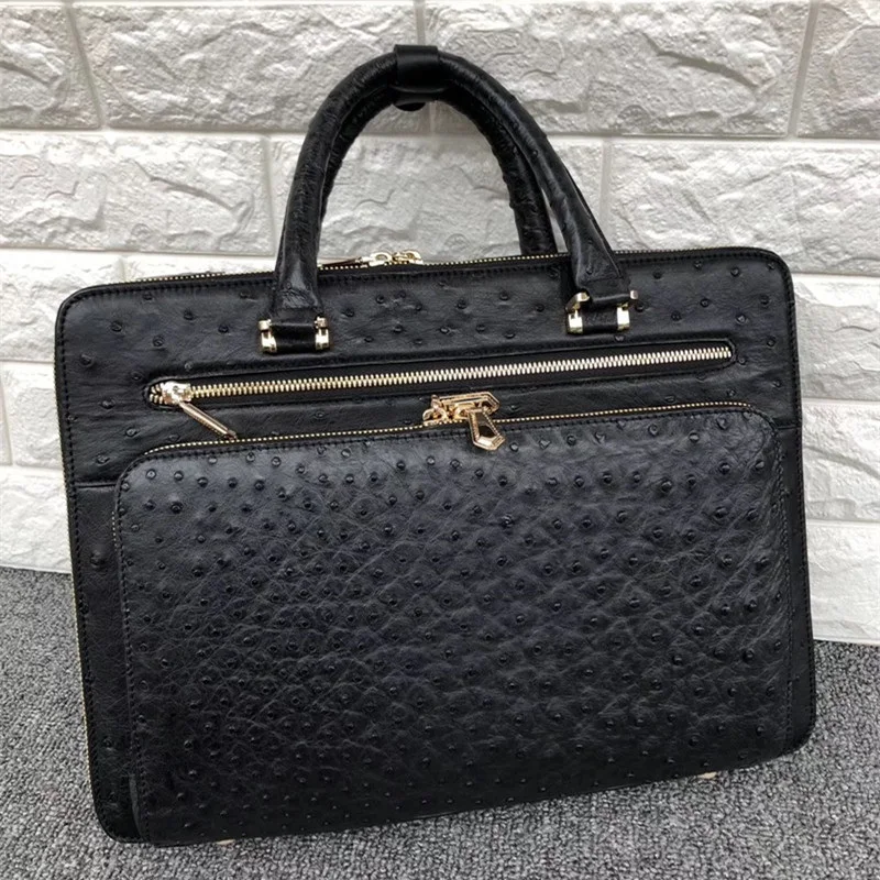 

Fancy Genuine Ostrich Skin Zipper Closure Male Briefcase Large Laptop Handbag Authentic Exotic Leather Businessmen Portfolio Bag