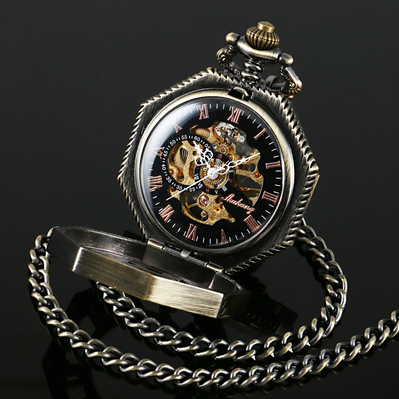 

Mechanical Octagon Chain Skeleton Watch Vintage Bronze Tone Case Mens Steampunk Pocket Watch