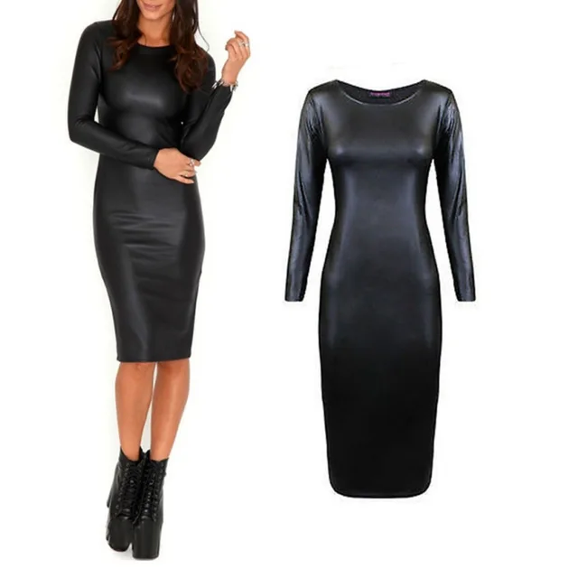 Women Faux Leather Midi Party Dress Sexy Bodycon Long Sleeve Evening 