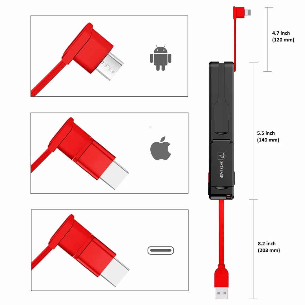 Oatsbasf 3 в 1 Тип C Micro USB C 8pin Быстрый зарядный кабель для iPhone samsung Креативный дизайн скрытый USB кабель для Xiaomi