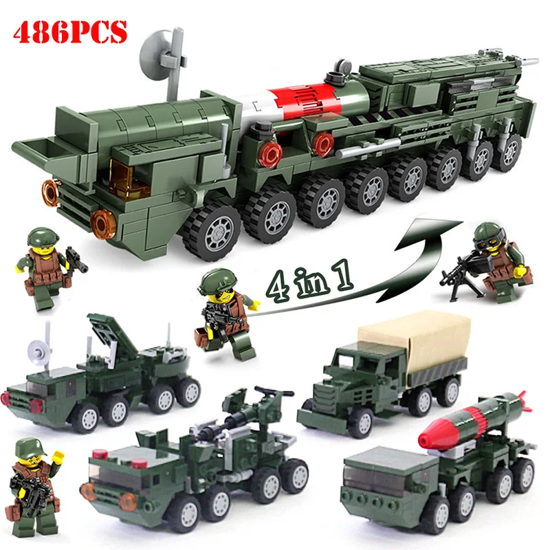 

4 in 1 Military World War Tank Building Blocks DIY Missile Launch Car Compatible Legos City Weapon Enlighten Bricks Toy Kid Gift