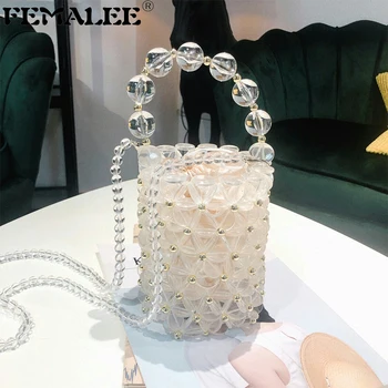 

2019 Summer New Fashion Women's Bag Korea Handmade Pearl Crystal Woven Bucket Bag Beaded Handbag Luxury Shoulder Messenger Bag