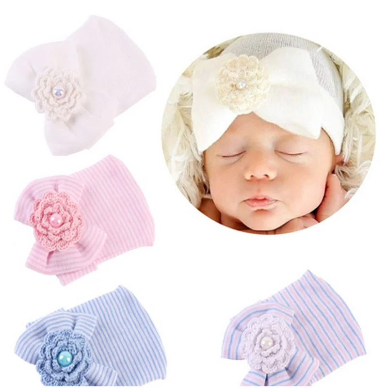 0-3M Newborn Crochet Cap Baby Girls Boys Infant Hats Girl Toddler Comfy Bowknot Hospital Striped Beanie Hat | Детская одежда и