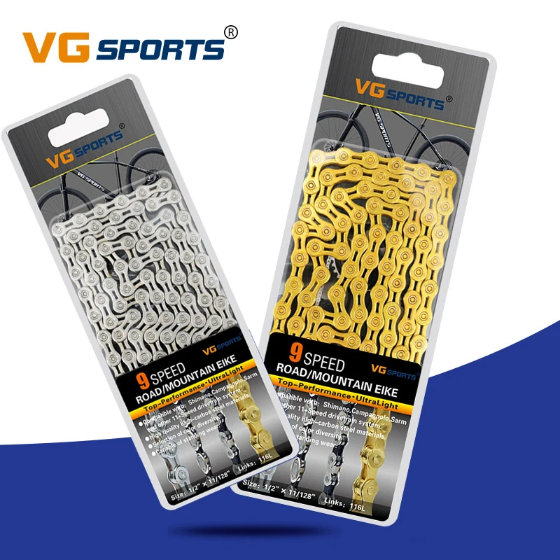 VG الرياضة الجبلية الطريق الدراجة 9 سرعة سلاسل MTB 116L 9 S Velocidade Cadeia الدراجات نصف الجوف الذهب الفضة دراجة أجزاء سلسلة VG الرياضة الجبلية الطريق الدراجة 9 سرعة سلاسل MTB 116L 9 S Velocidade Cadeia الدراجات نصف الجوف الذهب الفضة دراجة أجزاء سلسلة