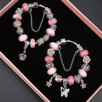 

Crown butterfly style Bracelet for Women Kids Girls Pink green Enamel Crystal Beads Charm Bracelets & Bangles Jewelry