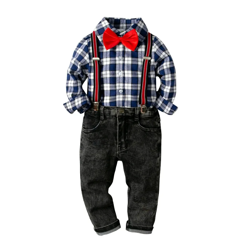 

2 Pieces Sets Children Boys clothing 2019 Spring Bow tie Tops Shirt+Suspender Jeans Handsome Guy Clothes Toddler Boys Outfits
