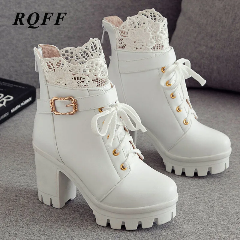 

New Autumn Ankle Boots Women 2020 Simplicity Round Toe High Heels Big Size 43 Lace-up Shoes Woman Riding Equestrian Ladies Boot