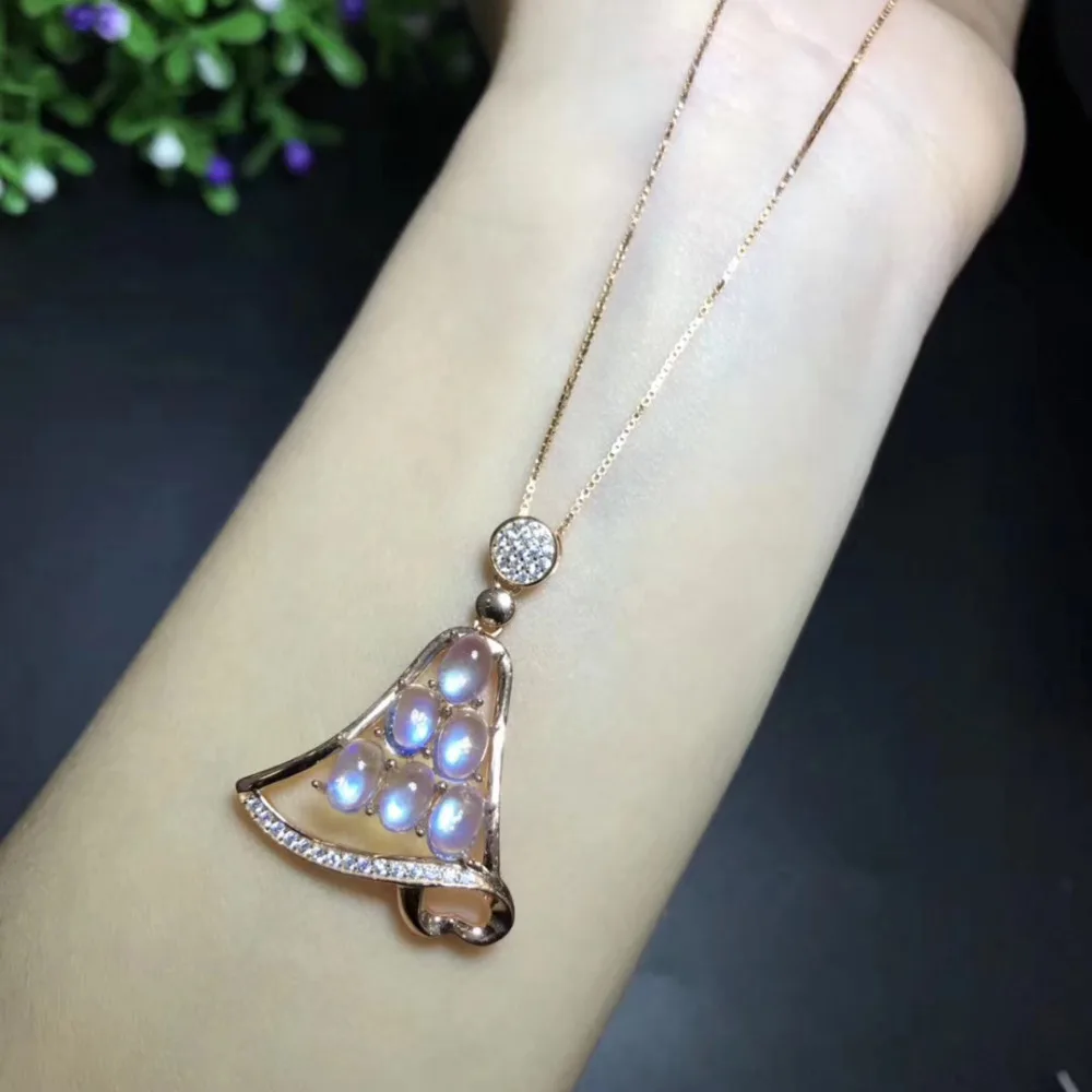 Naturel bleu clair pierre de lune élégant chanceux cloches pendentif collier S925 argent naturel pi