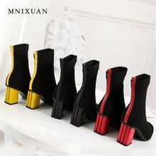 MNIXUAN Knitted elastic boots women shoes 2018 winter new square toe genuine leather thick high heels ankle boots big size 34-43 цена MNIXUAN Knitted elastic boots women shoes 2018 winter new square toe genuine leather thick high heels ankle boots big size 34-43 цены онлайн