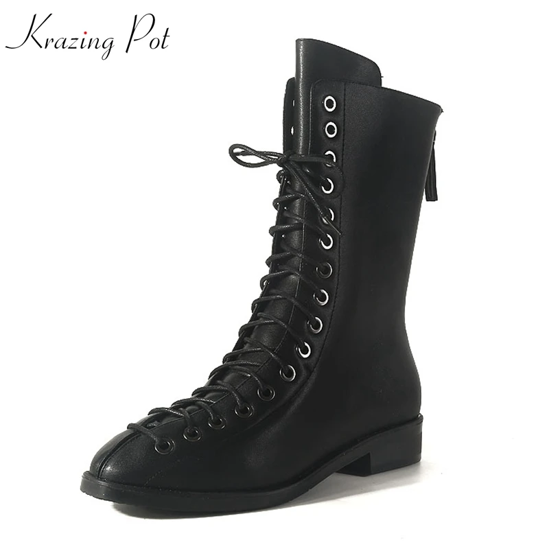 

Krazing Pot 2019 genuine leather streetwear round toe metal rivets ankle square low heels dinner party luxury Chelsea boots L21