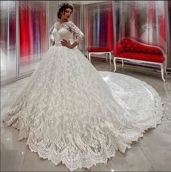 

Glitz Soft Lace Bridal Gowns with Full Sleeves Bow Long Train Sheer Back Ball Gowns For Elegant Brides Custom Made New Arrivals