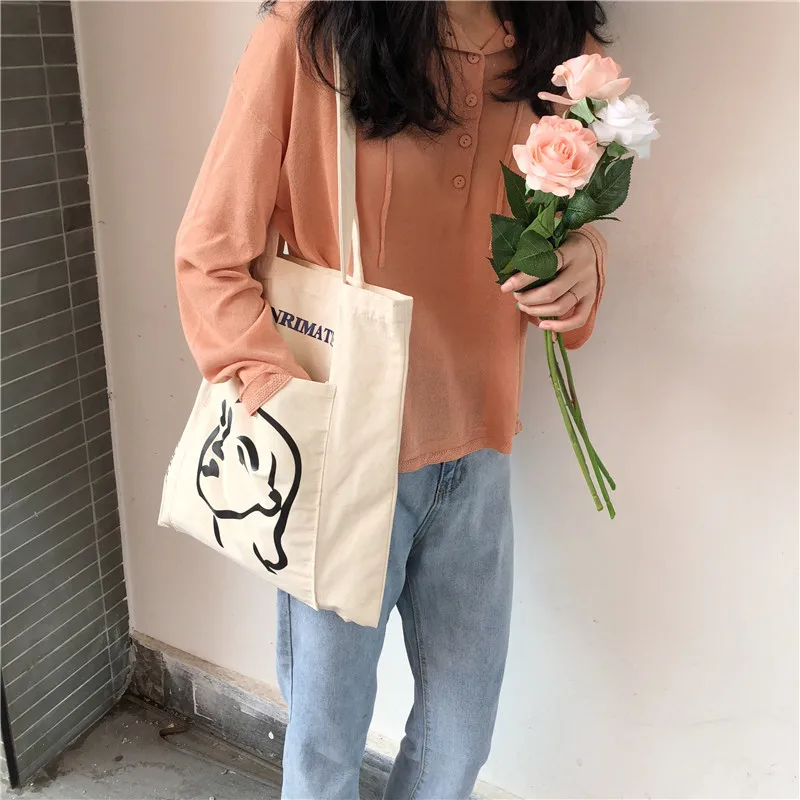 

Women Canvas Shoulder Bags Cotton Cartoon Printing Casual Handbags Girls Wild Korean Version of Simple Printing Shopping Bags