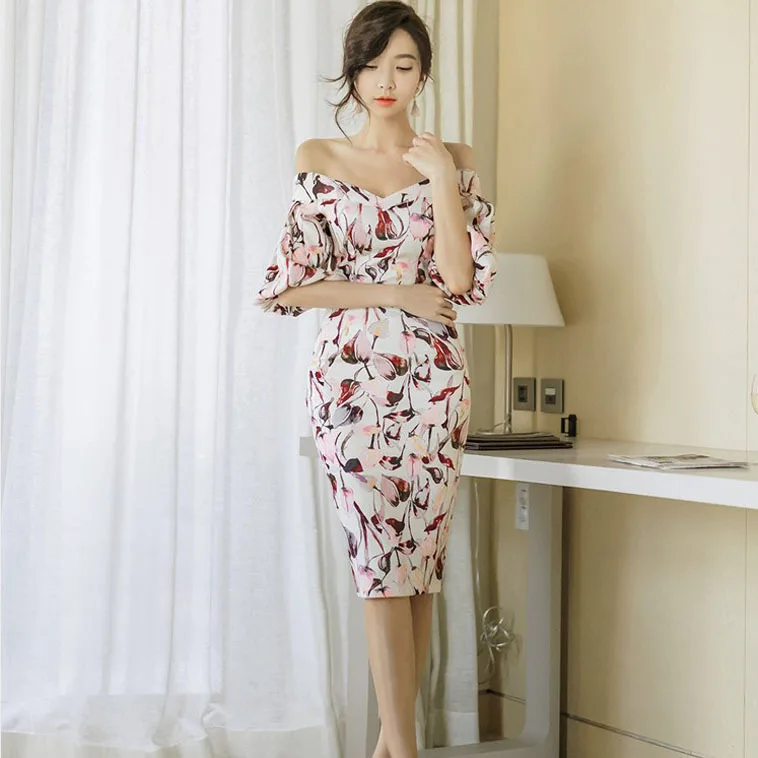 

Dress women's collar print puff sleeves 2019 summer sexy dress new slim bag hip fashion step dress