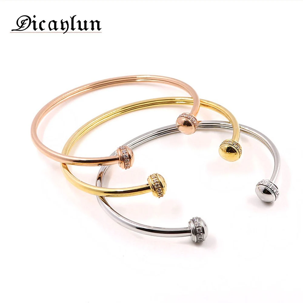 

DICAYLUN Stainless Steel Rotatable Bracelet Bangle Open C Elastic Steel Wire Zircon Stone Inlaid Jewelry Accessories Women Gifts