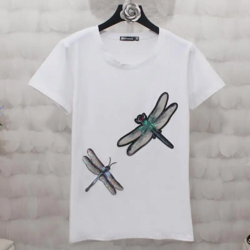 Zuolunouba الصيف الأزياء اليعسوب الترتر التطريز تيز قمم الإناث المد عالية الشارع محبوك قصيرة الأكمام النساء تي شيرت Zuolunouba الصيف الأزياء اليعسوب الترتر التطريز تيز قمم الإناث المد عالية الشارع محبوك قصيرة الأكمام النساء تي شيرت