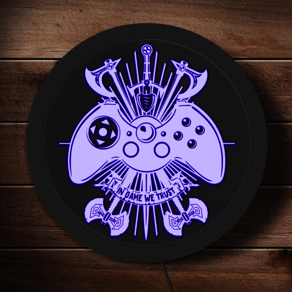 

In Game We Trust Video Game Controller Vintage LED Lighted Sign with Joystic Fantasy Weapons Game Room Electronic Lighted Signs