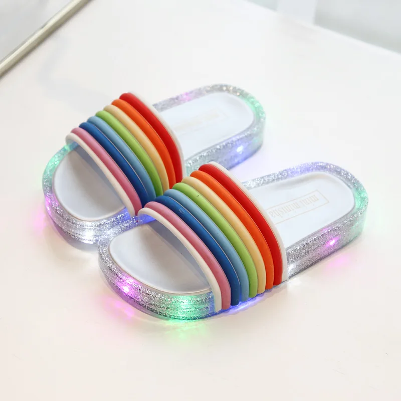

mini melissa LED Baby Kids Girls Boys Slippers Toddler Children Flip Flops Child Rainbow Striped Shoes Swimming Summer for Kids