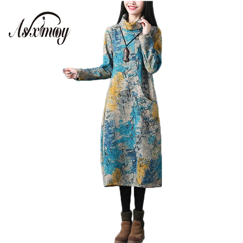 

Vintage Floral Print Plus Size Long Dresses Elegant Velvet Thick Warm Maxi Women Dress Winter Turtleneck Cotton Linen Dress 2018