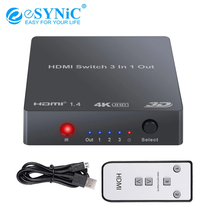 ESYNiC 3 Порт HDMI коммутатор Поддержка 4 K 3D концентратор в 1 с ИК пультом