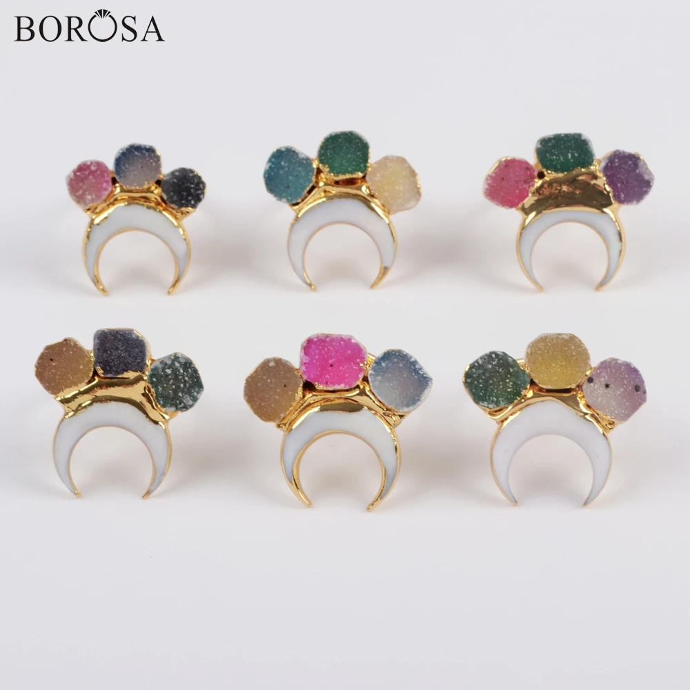 

BOROSA 5Pcs Fashion Gild Horn Shape White Shell & Three Rainbow Agates Druzy Ring Jewelry Mix Colors Rings for Women G1838