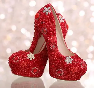 Love Moments/белые свадебные туфли со стразами и цветами женские жемчужные туфли-лодочки на очень высоком каблуке и платформе Свадебная обувь женская обувь - Цвет: 14cm heel red