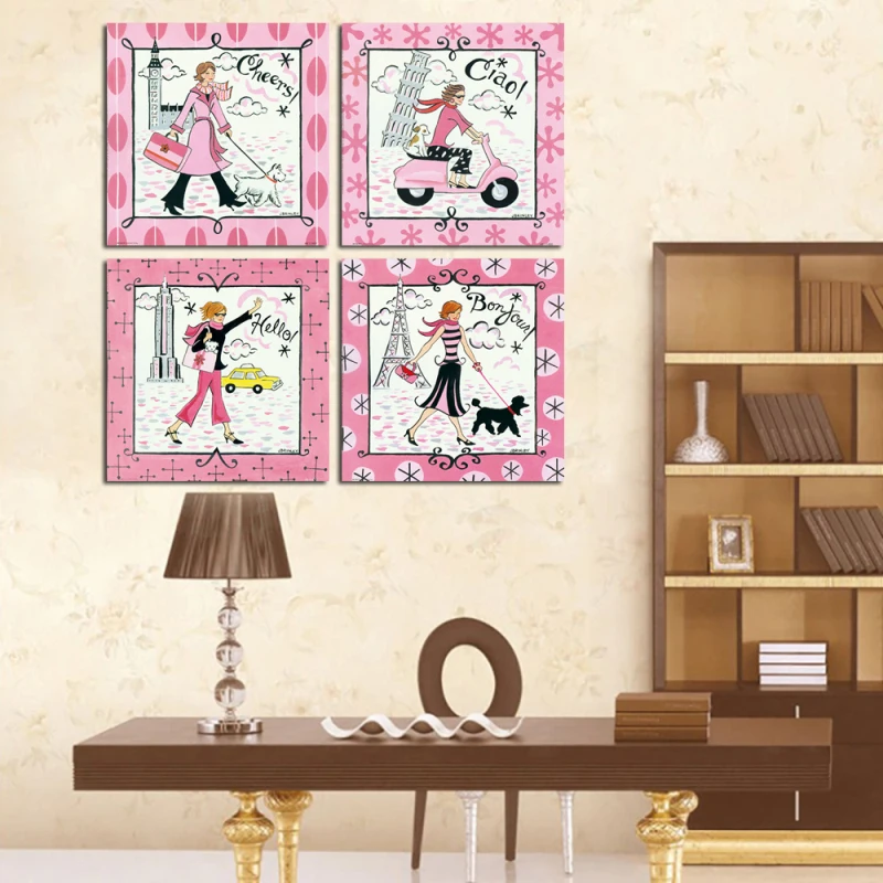 4PCS Fashion Art Modern Cuadros Pink Wall Sticker Vintage Poster Canvas ...
