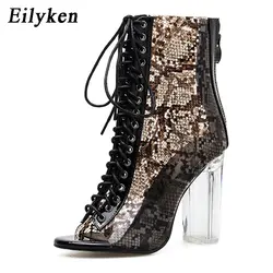 Eilyken/женские леопардовые ботильоны со змеиным принтом на прозрачном квадратном каблуке с острым носком и перекрестной шнуровкой, женские