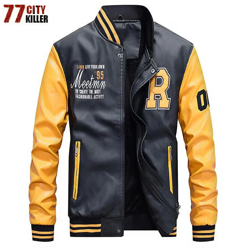 

Brand Mens Embroidery Baseball Jackets Motorcycle Pu Leather Coats Letter Stand Collar Plus Size 4XL Fleece Pilot Bomber Coat