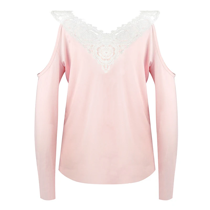 Women Blouse Shirts Sexy Solid Color Cold Shoulders V-Neck Lace Splicing Slim Long-Sleeved Shirt WS5858R