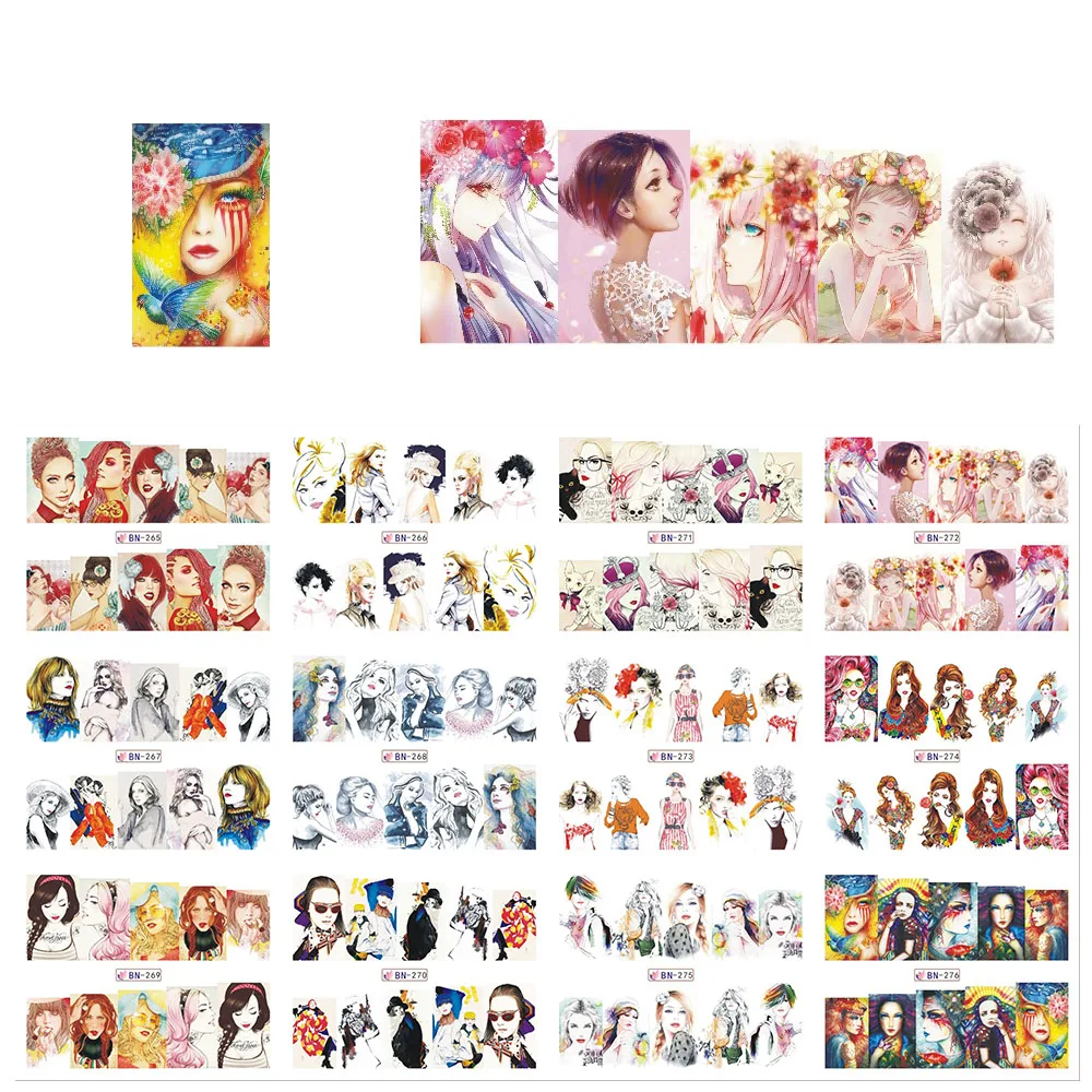 

12 sheets Fashion Mixed Charm Nail Art Beauty Girl Nail Sticker Water Transfer Decal Full Cover for Manicure JIBN265-276