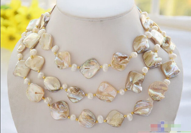 

Wholesale FREE SHIPPING P4644 50" 20mm white square south sea shell rice freshwater pearl necklace