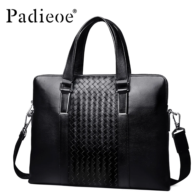 

Padieoe Men's New Fashion Knitting Men Briefcase Famous Brand Handbag Totes Genuine Leather Men Bag Business Men Messenger Bag