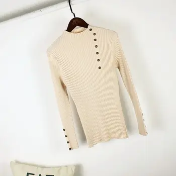 

Women Slim Knitted Sweater Fashionable Half-high Collar Metal Button Bottom Knitted Pullovers Women Autumn Winter New