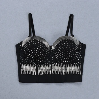 

2019 Sexy Women Black Tops Clubwear Backless Beads Bandage Top Short Solid Good Quality Ladies Camisole Zipper wholesale Clothes