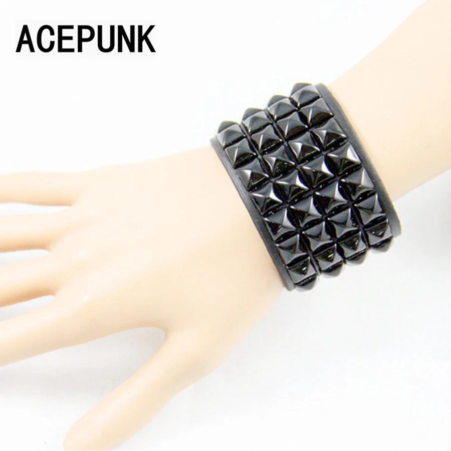 Rivet Wide Bracelet Punk Leather Wristlet Rock 4 Rows Of 9MM Square Nails Wristband Two Buckle Adjustable